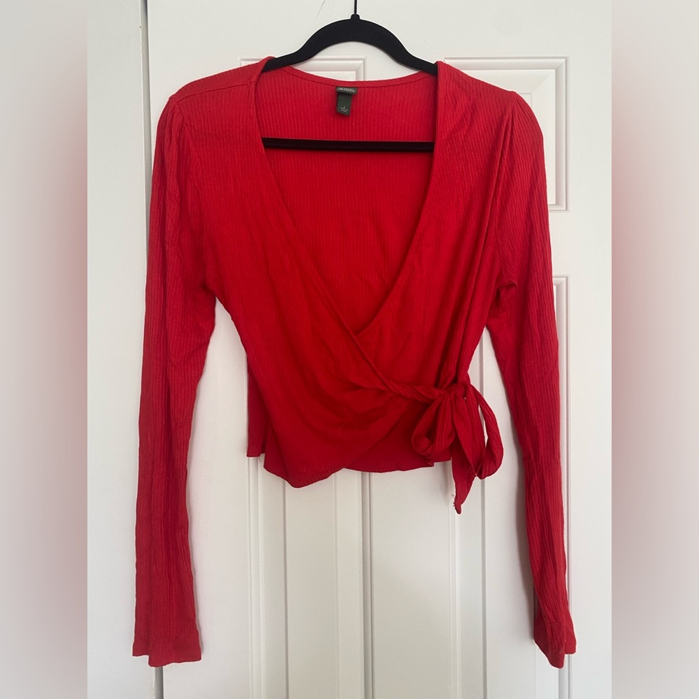 Red Long Sleeve Wrap Top